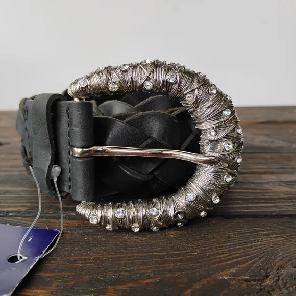 Stuart Weitzman Vintage Black Braided Belt With Rhinestone Buckle Bling Size M Stuart Weitzman Vintage Black Braided Belt With Rhinestone  main image 4